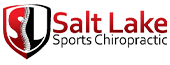 Brand logo for Salt Lake Sports Chiropractic, including a shield emblem with a spine illustration and bold text in red and black