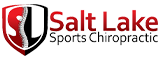 Salt Lake Sports Chiropractic logo with a red and black shield design and a vertical spine graphic, next to the business name in large red and black font
