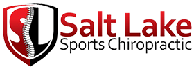 Logo of Salt Lake Sports Chiropractic featuring a red and black shield with a stylized spine design and the text 'Salt Lake Sports Chiropractic' in bold red and black letters