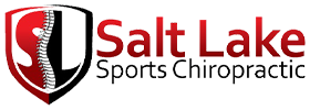 Salt Lake Sports Chiropractic logo showing a shield split into red and black sections with a spine graphic in the center, accompanied by the company name in red and black text